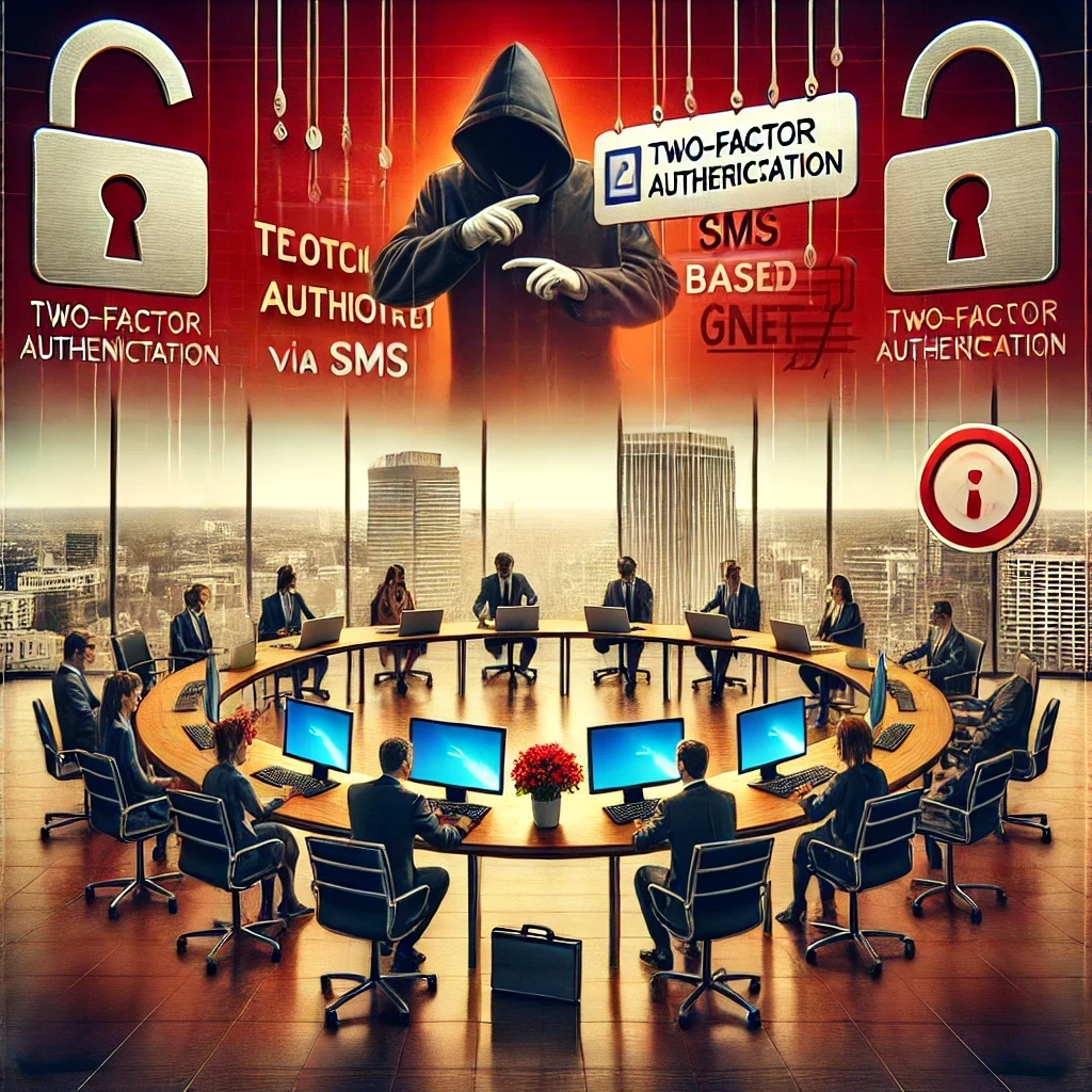 DALLE 2024-09-25 15.20.49 – A realistic illustration of a corporate meeting room, showing the insecurity of two-factor authentication via SMS. The room features computers, smartp Ilustração de uma cena exibindo a insegurança da autenticação via SMS em um ambiente corporativo, com cadeados quebrados e ícones de mensagens para enfatizar a vulnerabilidade