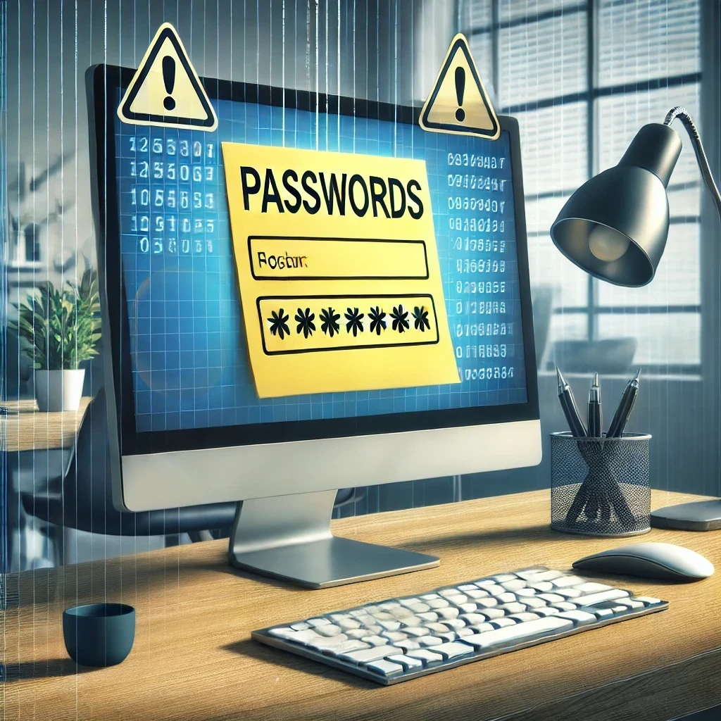 DALLE 2024-09-26 16.23.56 – A realistic illustration showing the risk of writing down passwords on sticky notes in a corporate environment. The image features an office setting w