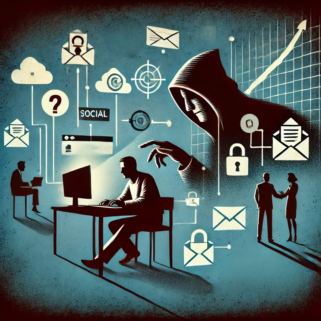 DALLE 2024-09-27 15.36.17 – An illustration representing the concept of social engineering, focusing on manipulation or deception through elements like computers, phones, or emai Ilustração representando o conceito de engenharia social.