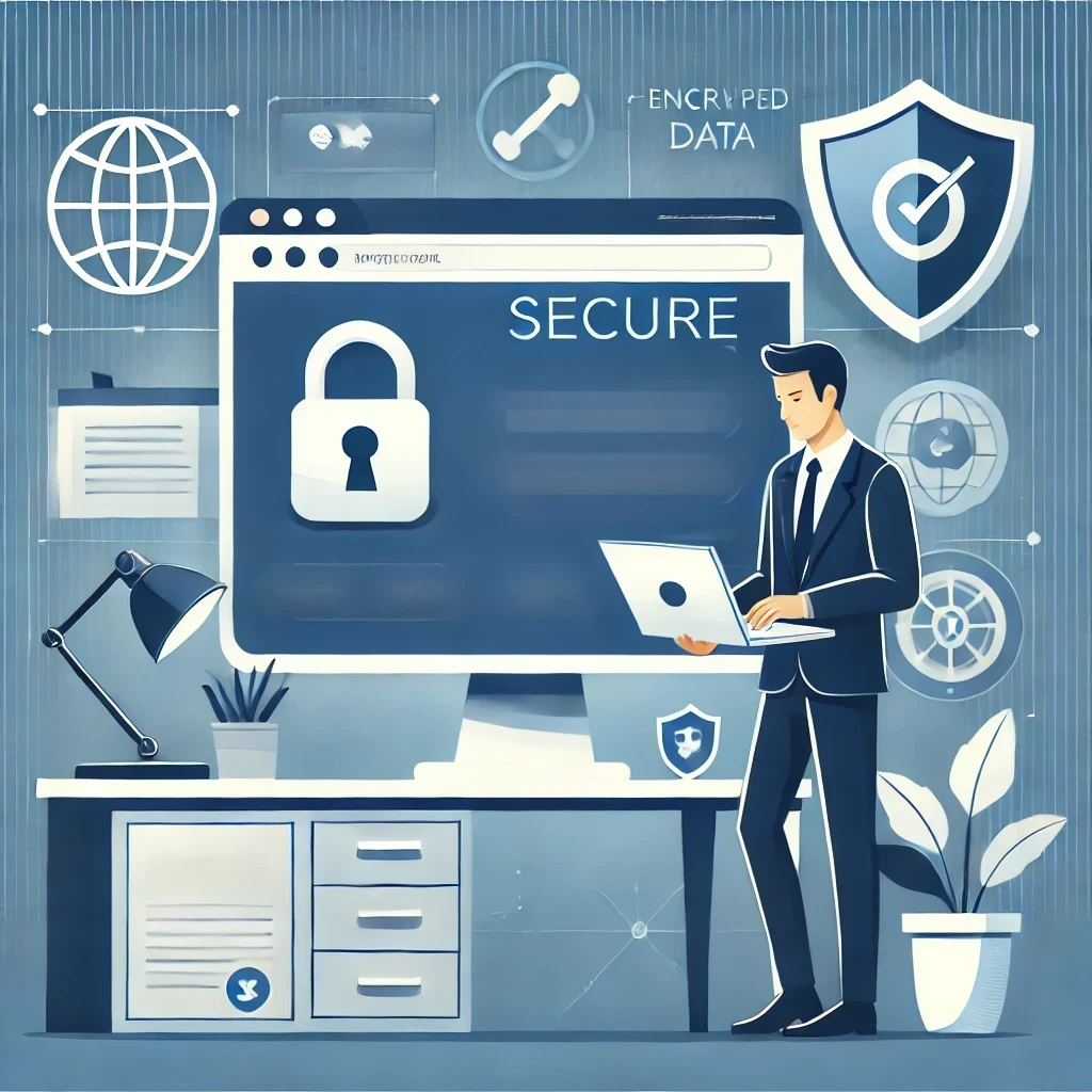 DALLE 2024-09-30 14.54.42 – An illustration showing an employee browsing the internet securely. The image features a professional workspace with a computer displaying a browser