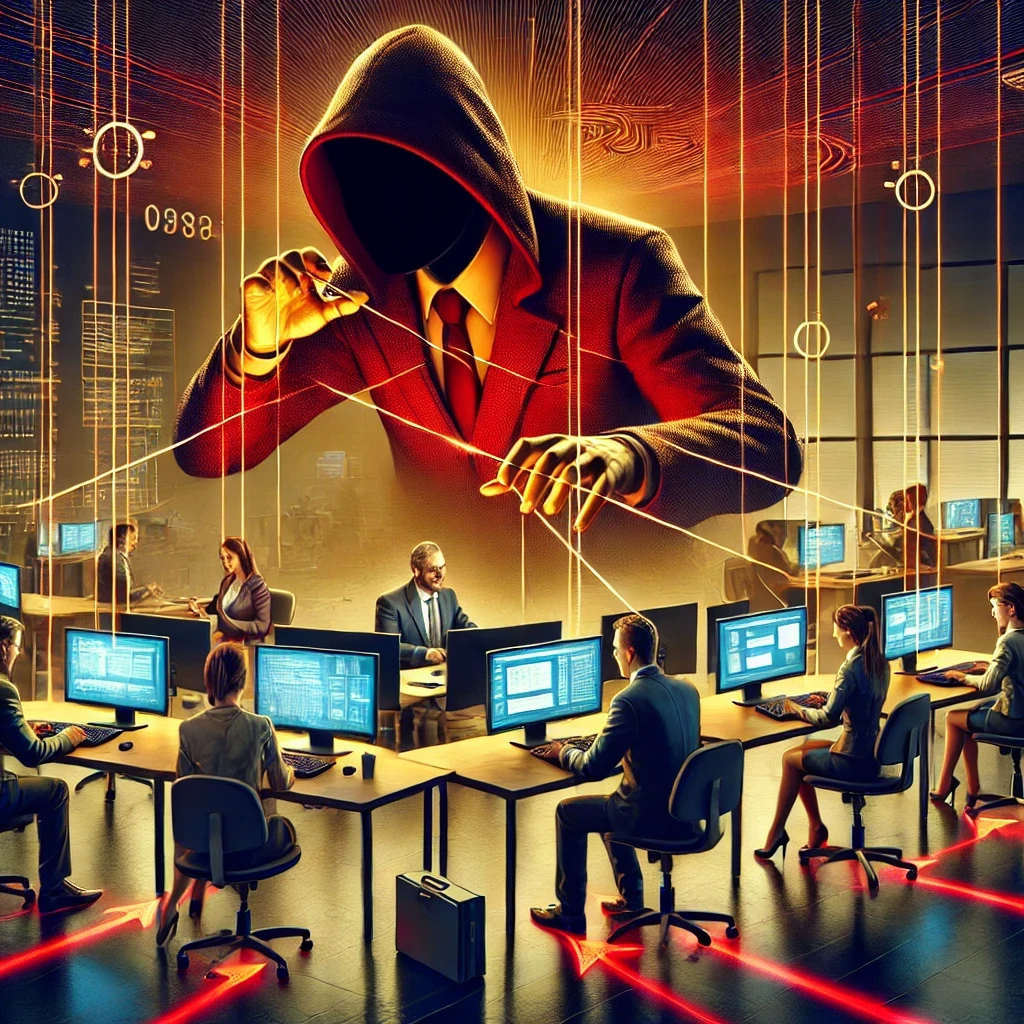 DALLE 2024-09-30 15.26.38 – A realistic illustration of a cyber attacker intercepting communications between employees in a corporate setting, representing a Man-in-the-Middle (M Ilustração de um atacante interceptando as comunicações através do ataque man-in-the-middle.