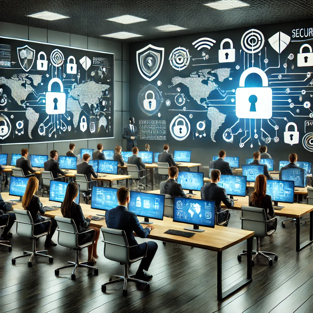 conscientizacao Imagem de uma sala de treinamento corporativo moderna, onde funcionários participam de uma sessão de conscientização em cibersegurança. O ambiente inclui computadores, gráficos de segurança nas telas e ícones de cadeados e escudos digitais, transmitindo uma sensação de aprendizado e proteção de dados.