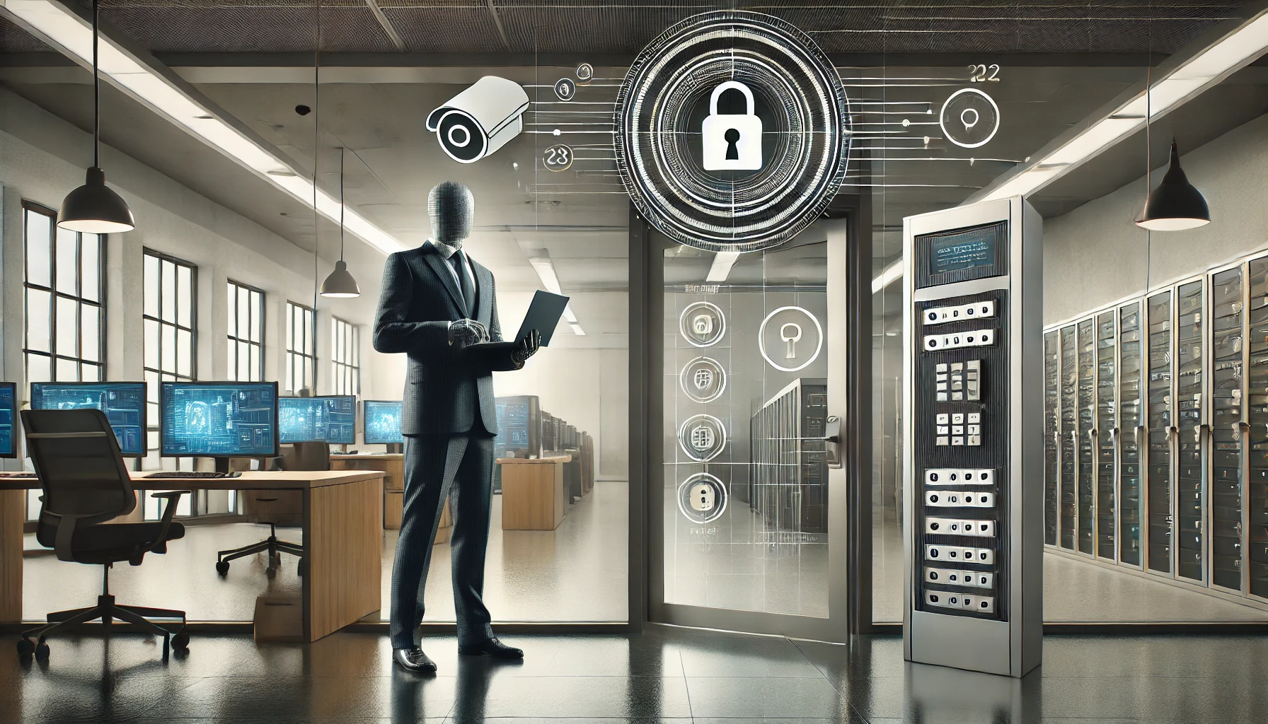 DALL·E 2024-09-18 14.28.59 – An image representing physical penetration testing in cybersecurity. A professional scene showing a secure facility with elements like security camera Pentest Presencial