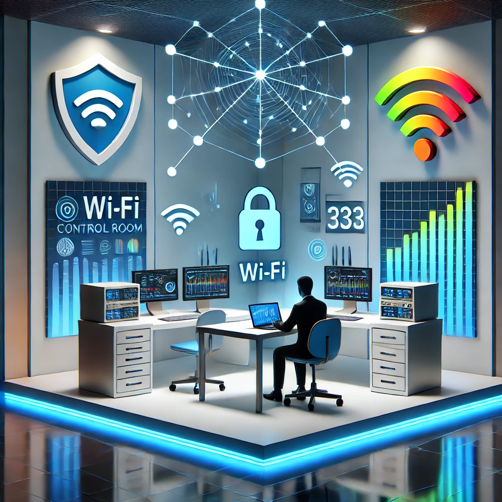 DALL·E 2024-09-19 15.21.07 – A modern, minimalist cybersecurity control room in a corporate setting with more vibrant colors. At the center, a cybersecurity professional is conduc Profissional realizando o pentest em redes wi-fi empresariais na sala de controle.