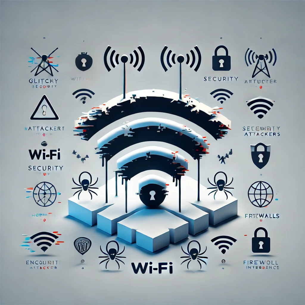 DALL·E 2024-09-19 16.06.02 – A minimalist image depicting a battle between Wi-Fi security and network attackers. The scene shows the Wi-Fi symbol prominently in the center, with o Imagem retratando os riscos de redes wi-fi e a sutil mensagem de mantê-las seguras