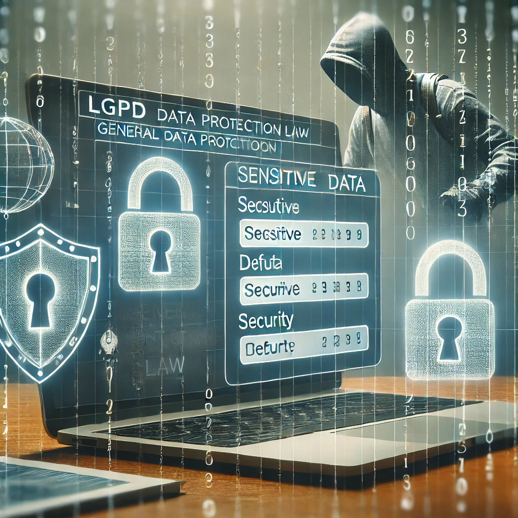 DALL·E 2024-09-20 16.31.08 – An image of a webpage containing fields with sensitive data, where the data is blurred out for protection. Cybercriminals are subtly depicted trying t Imagem retratando dados sensíveis protegidos de cibercriminosos, enfatizando também a conformidade com a LGPD.