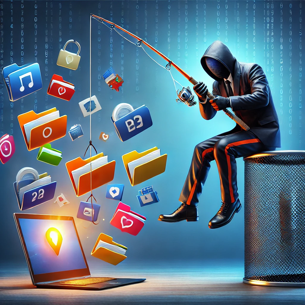 DALLE 2024-10-01 14.53.02 – A professional and realistic illustration showing a cyber attacker metaphorically ‘fishing’ for sensitive data, folders, files, or emails from a devic Ilustração irônica de um atacante "pescando dados" utilizando de phishing e spear phishing.