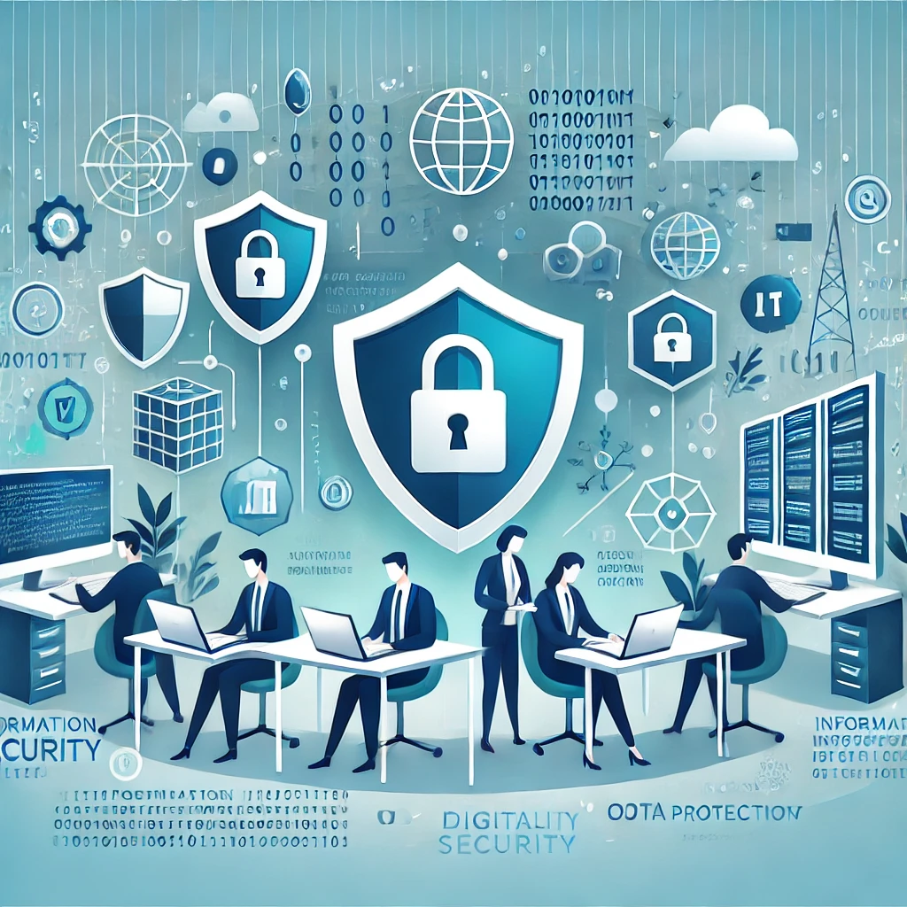 DALLE 2024-10-02 14.17.05 – A professional illustration representing Information Security and Cybersecurity in a corporate context. Visual elements include shields, padlocks, com Ilustração profissional que representa a Segurança da Informação e Cibersegurança no contexto empresarial, com elementos visuais como escudos, cadeados, redes de computadores e interfaces digitais que simbolizam a proteção de dados.