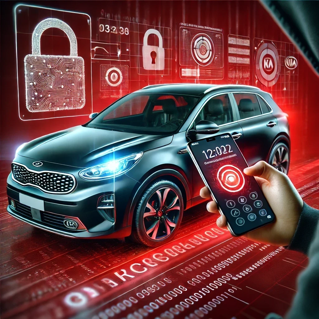 DALLE 2024-10-03 15.38.41 – A realistic illustration of a cyber attacker using a smartphone to hack into a dark-colored Kia car. The scene shows the attacker holding the phone wi Imagem ilustrando um atacante explorando a vulnerabilidade dos veículos Kia.