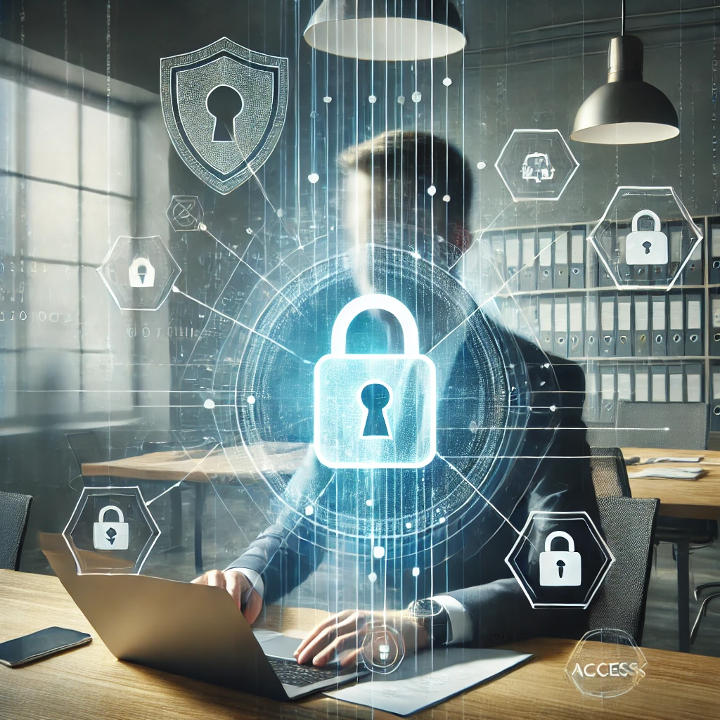 DALLE 2024-10-04 14.26.43 – A professional image conveying the importance of revoking access for former employees. The scene shows an office environment with a secure digital pad Imagem profissional sobre a importância de remover o acesso de ex-funcionários, destacando elementos visuais de segurança e proteção de dados.