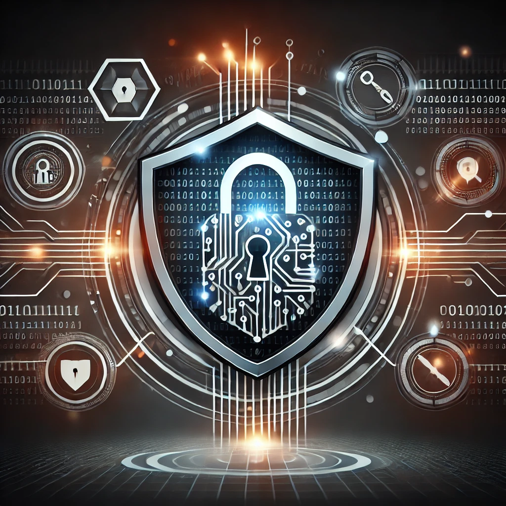 DALLE 2024-10-08 14.20.30 – An illustration representing the concept of cybersecurity. The image features digital elements such as a lock, shield, and network connections, with b Ilustração que retrata conceitos de cibersegurança, com elementos como cadeados, escudos e conexões de rede.