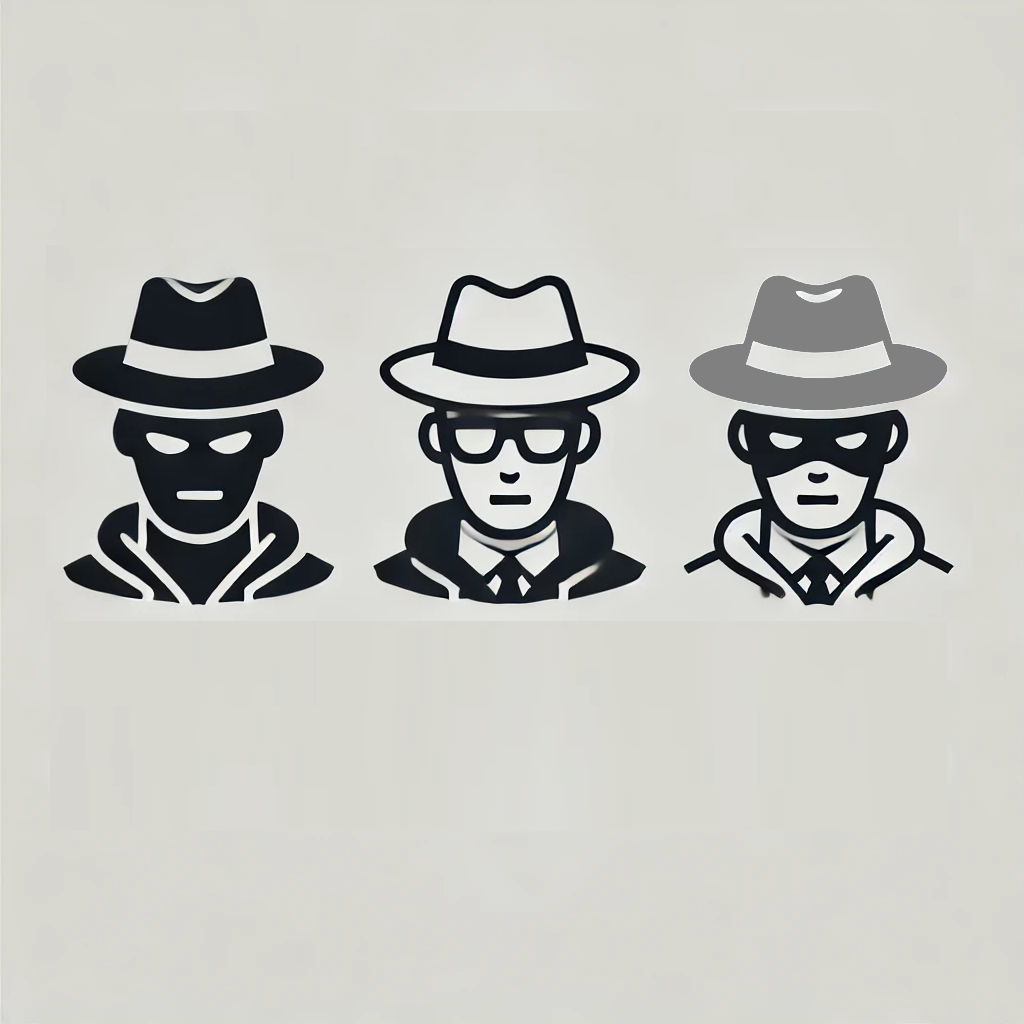 DALLE 2024-10-08 14.37.46 – An illustration depicting different types of hackers_ black hat, white hat, and gray hat. The black hat hacker is shown with a dark and malicious icon Ilustração com os diferentes tipos de hackers: black hat, white hat e gray hat.