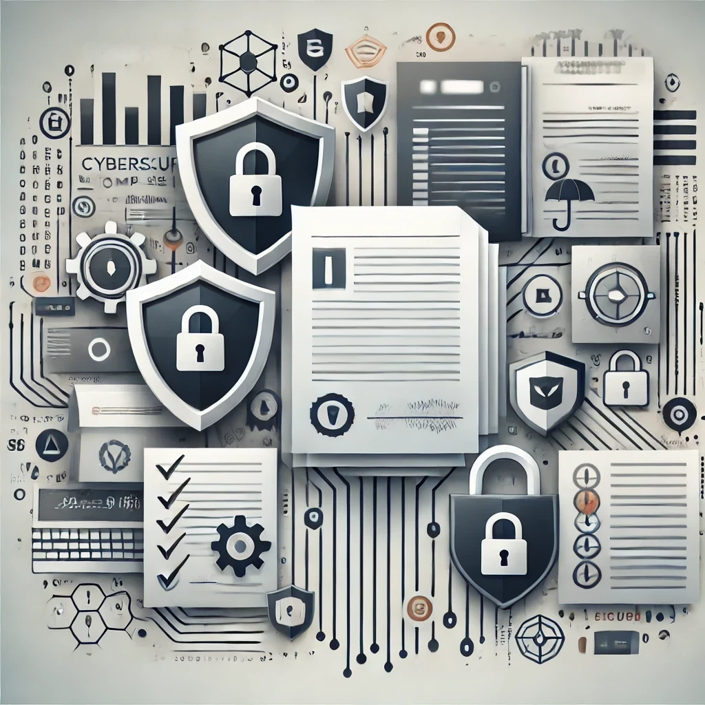 DALLE 2024-10-09 17.15.20 – A modern illustration representing cybersecurity compliance. The image includes visual elements such as shields, compliance d Ilustração representando compliance em segurança cibernética, com elementos como escudos, documentos de conformidade e cadeados, em um estilo profissional e com cores corporativas.
