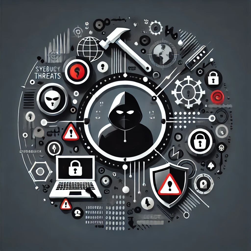 DALLE 2024-10-11 18.43.23 – A modern illustration representing cybersecurity threats, featuring elements such as hackers, open padlocks, shields, and ale ilustração moderna que representa ameaças em segurança cibernética, com elementos como hackers, cadeados, escudos e ícones de alerta.