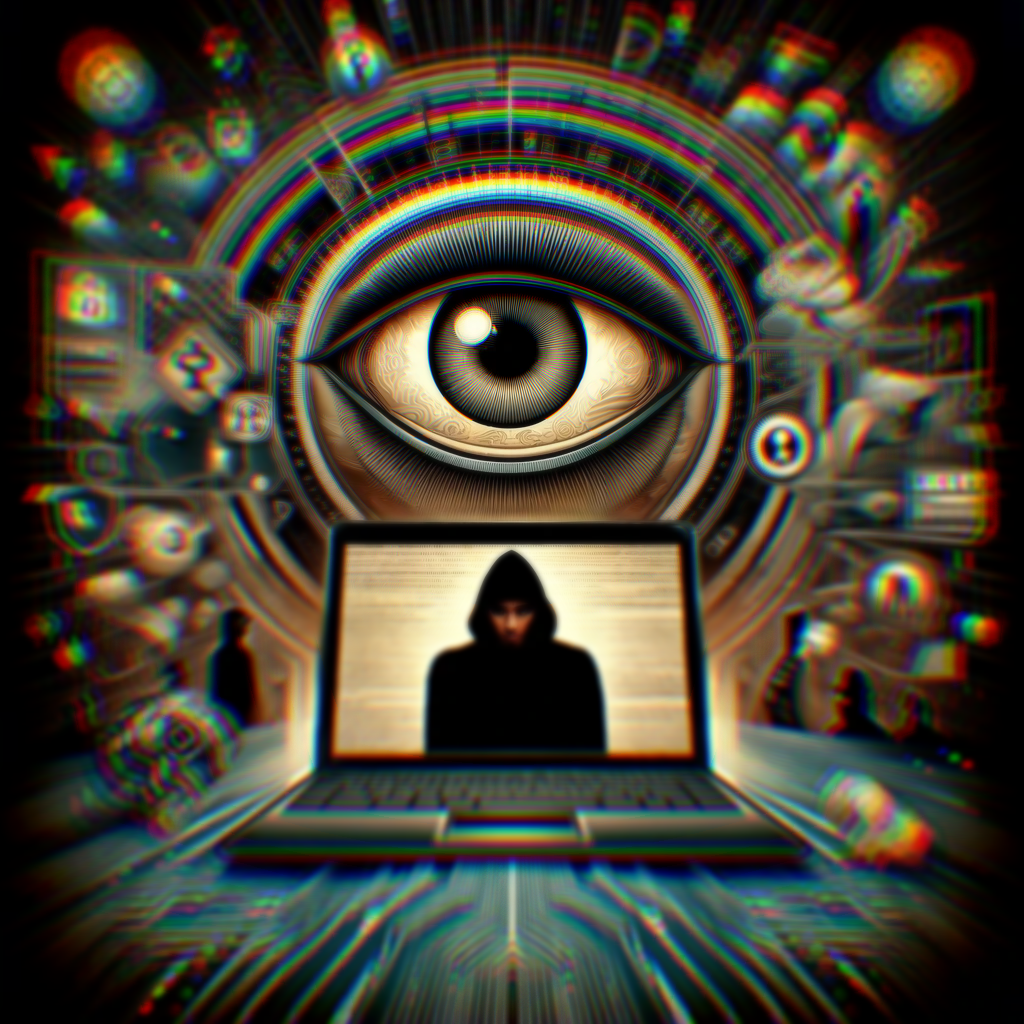 DALLE 2024-10-15 15.10.25 – A highly detailed and symbolic illustration representing spyware in a corporate cybersecurity environment Ilustração que representa spywares em um ambiente de segurança cibernética. Ela transmite a vigilância e espionagem digital com elementos como olho, laptop, circuitos eletrônicos e ameaças cibernéticas.