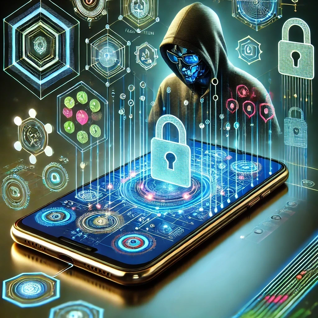 DALLE 2024-10-18 15.15.15 – A realistic and technological illustration focusing on mobile pentesting in cybersecurity. The image prominently features a sma Ilustração futurista e tecnológica que representa o pentest mobile em segurança cibernética, com elementos de proteção e análise de dispositivos móveis.