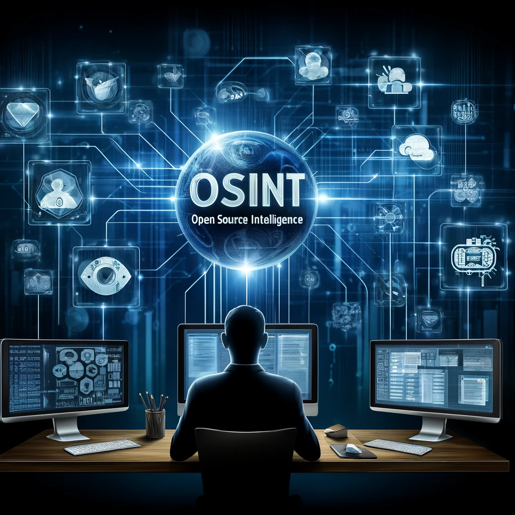 DALLE 2024-10-21 14.22.47 – A modern illustration of OSINT (Open Source Intelligence) in cybersecurity. It features a professiona Ilustração moderna representando o conceito de OSINT na segurança cibernética, com foco na análise de dados provenientes de várias fontes abertas.