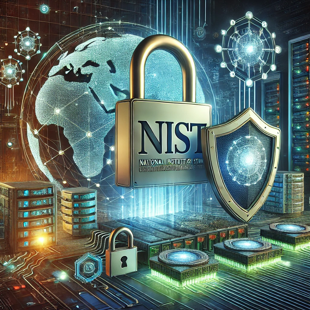 DALLE 2024-10-21 15.00.54 – A realistic illustration representing NIST (National Institute of Standards and Technology) in the context of cybersecurity. The i Ilustração representando o NIST no contexto da segurança cibernética, com elementos detalhados como cadeados 3D, escudos com efeitos de brilho e redes de computadores interconectadas, destacando a proteção proporcionada pelos padrões do NIST contra ameaças cibernéticas.