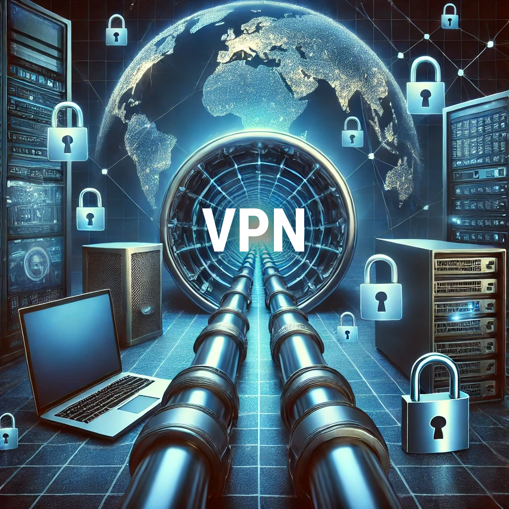 DALLE 2024-10-22 14.26.40 – A realistic illustration of the concept of VPNs in cybersecurity with the center of the image displaying the text ‘VPN’. The secure tunnel, devices Ilustração que reflete o conceito de VPNs na segurança cibernética, incluindo um túnel seguro, dispositivos realistas e cadeados simbolizando a criptografia.