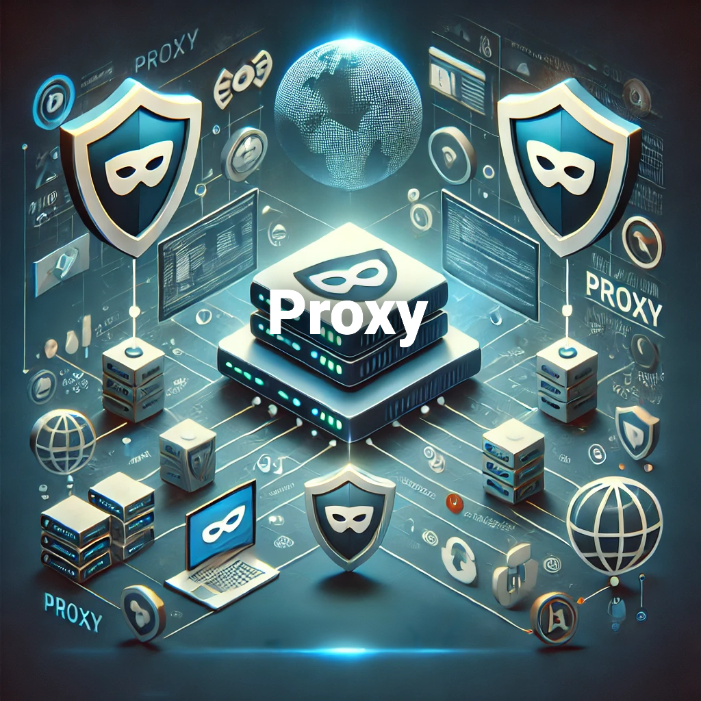 DALLE 2024-10-22 15.32.04 – A modern illustration representing the concept of proxies in cybersecurity. The image includes a realistic proxy server position Ilustração moderna que representa o conceito de proxies na segurança cibernética, destacando elementos como o escudo intermediário, fluxos de dados e ícones de anonimato e proteção.