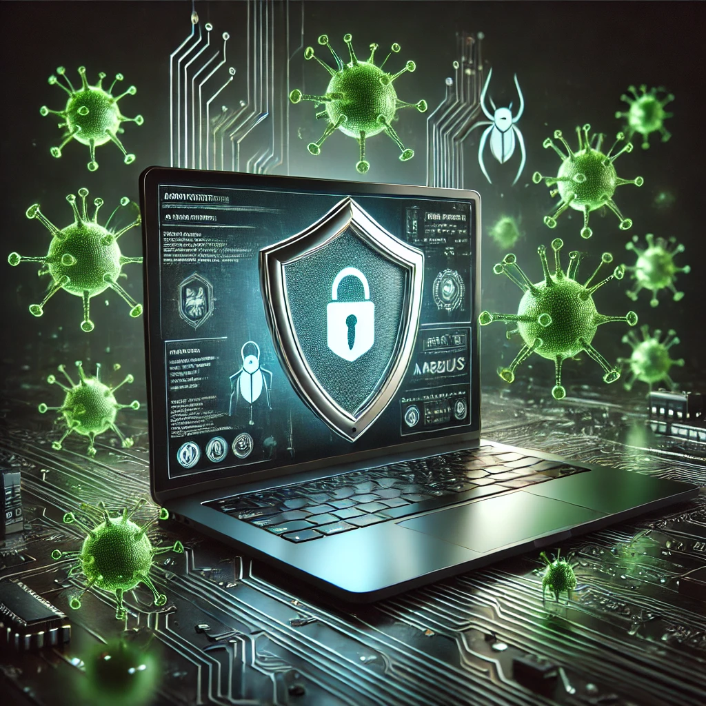 DALLE 2024-10-23 15.11.26 – A highly realistic image showing a modern computer with a sleek metallic shield on its screen, symbolizing antivirus protectio Imagem que representa o tema de antivírus na segurança cibernética, com um escudo, um computador e símbolos de vírus verdes.