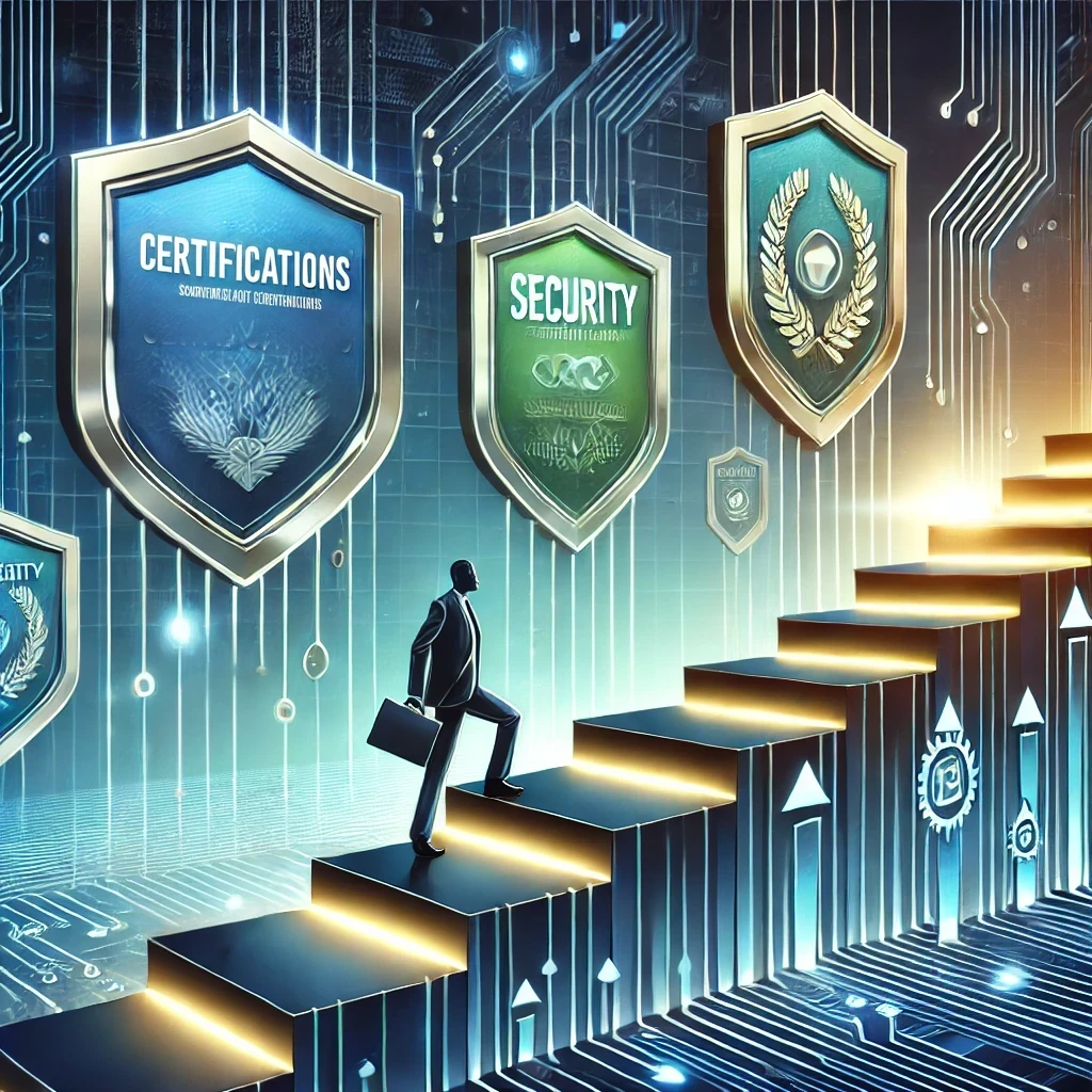 DALLE 2024-10-24 18.44.57 – A modern illustration depicting career advancement through cybersecurity certifications. The image includes digital certificat Ilustração moderna que representa o avanço profissional através de certificações em cybersecurity.