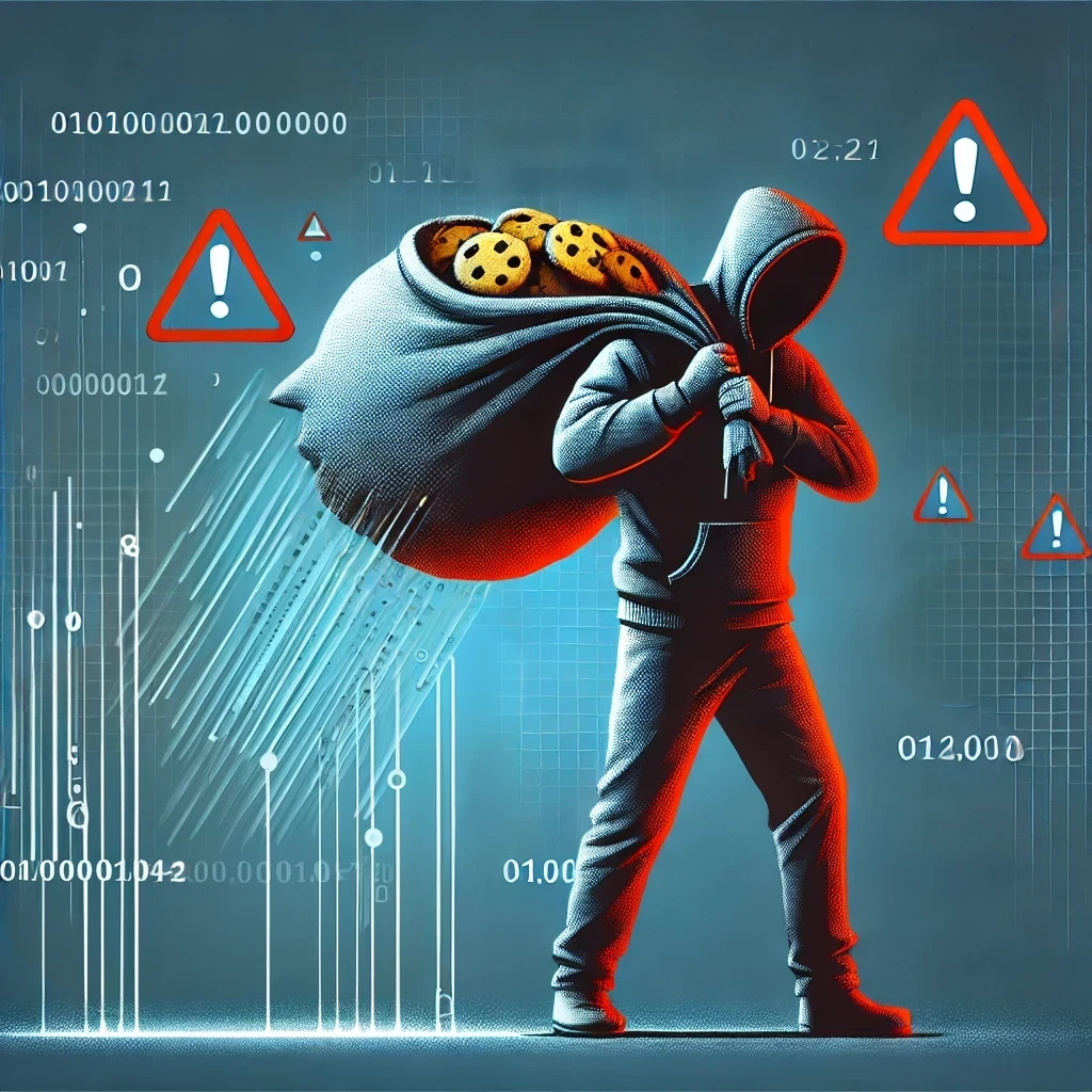 DALLE 2024-10-28 14.39.04 – An illustration of a cybercriminal carrying a sack, representing stolen data without any digital tokens, symbols, Ilustração de um cibercriminoso carregando um saco de "cookies", simbolizando o roubo de sessão e alertas sobre o risco desse ataque.