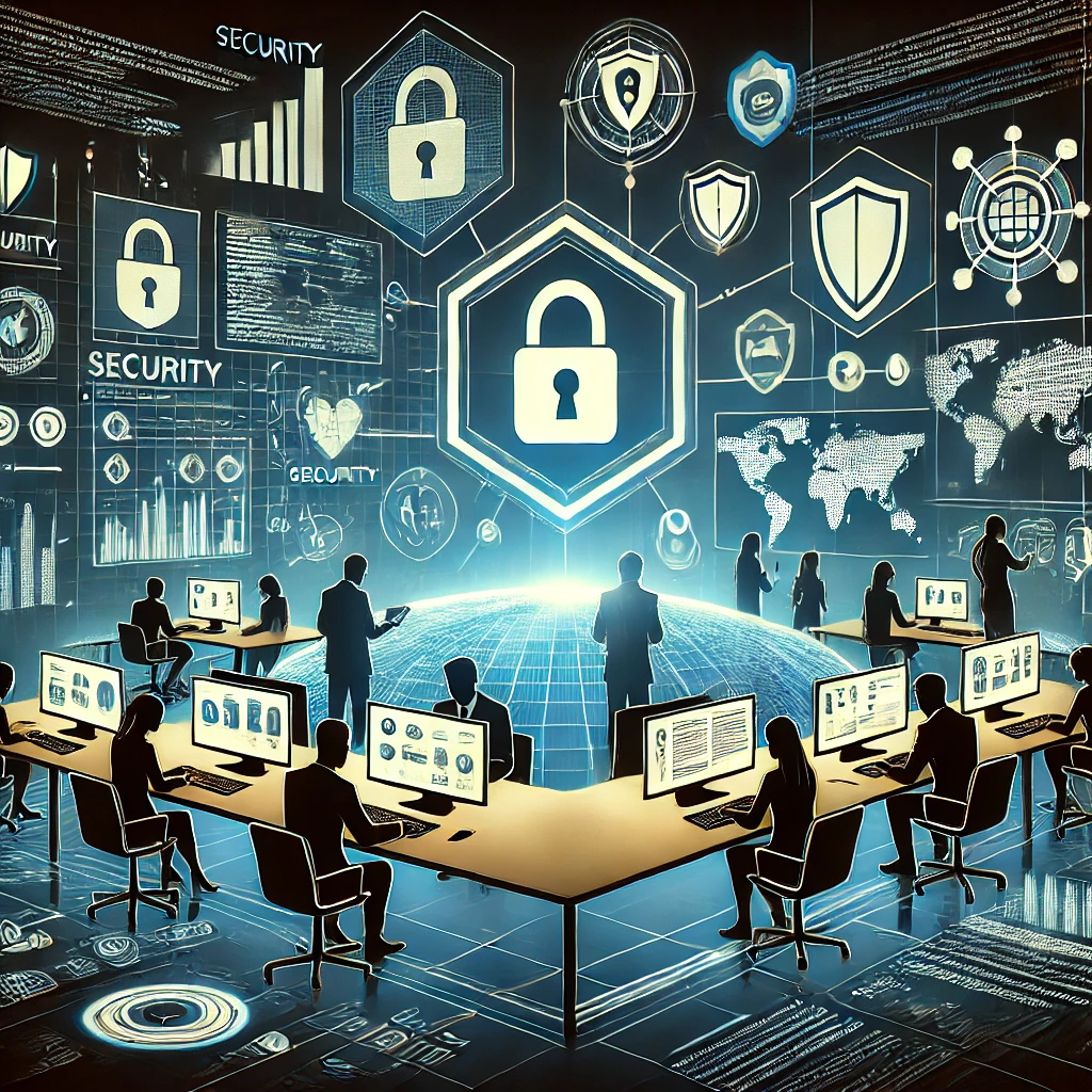 DALLE 2024-10-30 14.40.33 – An illustration of cybersecurity professionals collaborating in a digital environment to identify vulnerabilities in corporate systems. The Ilustração de profissionais de segurança colaborando em um ambiente digital para identificar vulnerabilidades em sistemas corporativos através de programas de bug bounty.