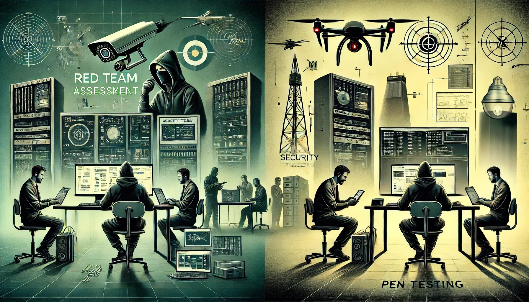 DALLE 2024-11-07 15.14.12 – An illustration representing Red Team Assessment and Pen Testing in cybersecurity Imagem representando o Red Team Assessment e o Pen Testing. A ilustração destaca o Red Team em uma sala de teste, explorando o sistema com ferramentas físicas e dispositivos, e o Pen Tester focado em seu computador, analisando vulnerabilidades por meio de ferramentas de software.