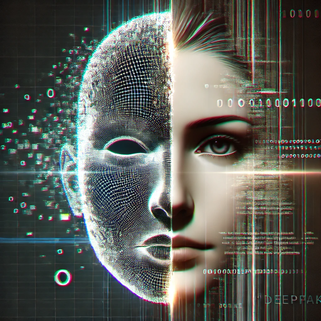 DALLE 2024-11-13 13.55.25 – A conceptual illustration of ‘deepfake’ technology. The image shows a split face, where one side is a human face and Imagem que representa o conceito de "deepfake", destacando a combinação de um rosto humano com uma face digital distorcida e elementos tecnológicos ao fundo.