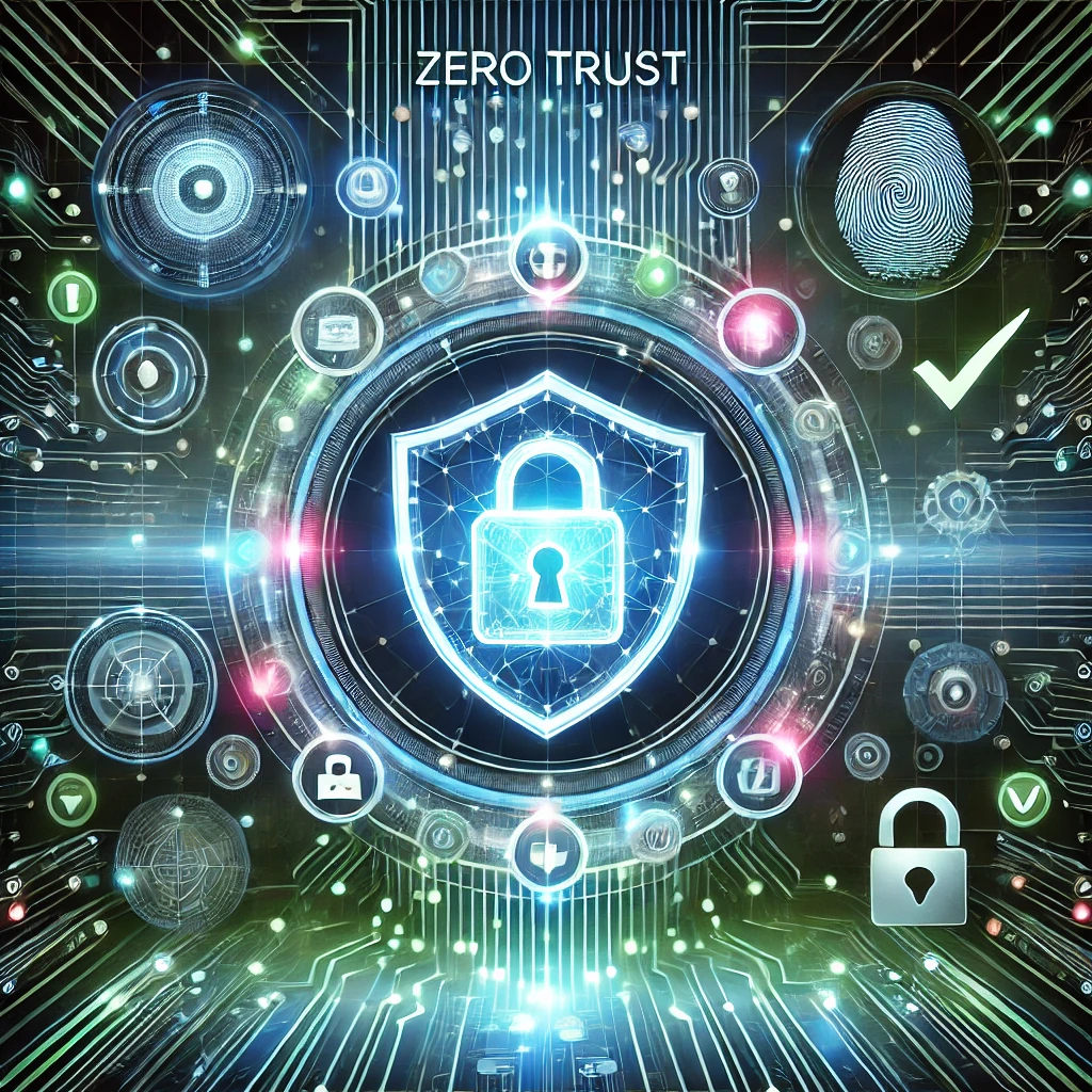DALLE 2024-11-14 13.48.57 – An ultra-futuristic illustration of Zero Trust in cybersecurity. The design features a glowing, transparent digital shield in t Ilustração com um conceito futurista representando o Zero Trust na segurança digital.