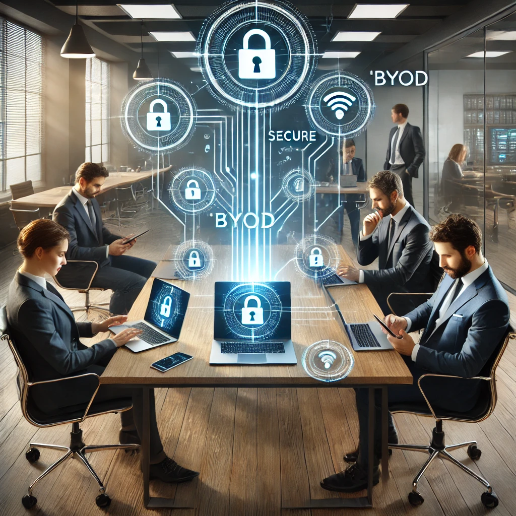 DALLE 2024-11-19 13.31.29 – A highly realistic and professional depiction of ‘BYOD’ (Bring Your Own Device) in a corporate environment. The scene shows emp Representação realista do conceito BYOD (Bring Your Own Device) em um ambiente corporativo. Funcionários em um escritório moderno utilizam dispositivos pessoais, como laptops, tablets e smartphones, conectados a uma rede segura simbolizada por um roteador central com ícones de cadeado e sinais Wi-Fi. O ambiente apresenta móveis contemporâneos, iluminação natural e elementos tecnológicos que destacam a integração de dispositivos pessoais no local de trabalho.