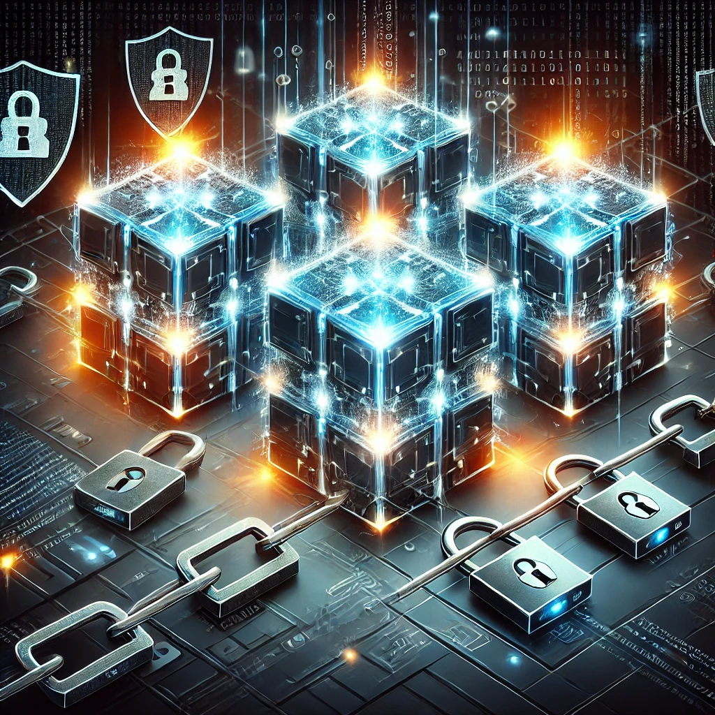 DALLE 2024-11-21 14.00.10 – An artistic representation of blockchain in the context of cybersecurity. The design features a network of glowing digital bl Ilustração representando o blockchain no contexto da segurança da informação. A imagem destaca uma rede de blocos digitais conectados por cadeias seguras, simbolizando proteção de dados e integridade das informações. Elementos como cadeados e padrões de código binário reforçam a ideia de criptografia avançada e resiliência contra ameaças cibernéticas. O design moderno e o fundo escuro com tons gradientes transmitem confiança e inovação tecnológica, focando no uso do blockchain como ferramenta de segurança.