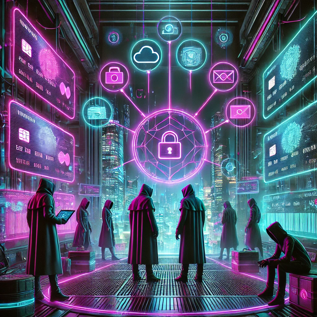 DALLE 2024-11-25 13.39.34 – A cyberpunk-themed digital illustration depicting the concept of the Dark Web’s connection to black market activities Uma ilustração estilizada com temática cyberpunk que retrata a conexão da Dark Web com atividades de mercado negro. A cena mostra um ambiente subterrâneo futurista, iluminado por tons vibrantes de neon em rosa, azul e roxo, onde figuras sombrias e encapuzadas interagem. Projeções holográficas exibem itens como números de cartões de crédito, passaportes e ícones digitais que simbolizam dados na nuvem e informações pessoais. O fundo combina paisagens urbanas brilhantes com elementos industriais sombrios e telas de computador exibindo códigos e dados criptografados, criando uma atmosfera que mistura mistério e alta tecnologia em um cenário distópico.