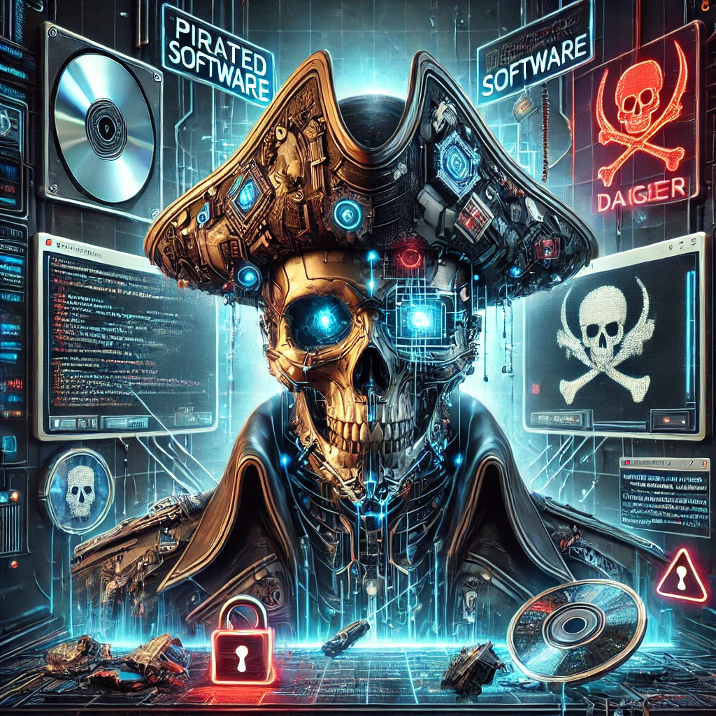 DALLE 2024-11-28 13.39.24 – A highly detailed and dramatic conceptual illustration of ‘pirated software,’ emphasizing danger and risks. The image fe Ilustração conceitual detalhada sobre 'software pirata', destacando perigo e riscos. A imagem apresenta uma caveira futurista com elementos cibernéticos, olhos brilhantes e um chapéu de pirata decorado com componentes tecnológicos, centralizada em um ambiente digital. Ao fundo, telas de computador exibem códigos corrompidos e símbolos de pirataria, como caveiras e ossos cruzados. Discos de software quebrados, cadeados vermelhos e ícones de alerta reforçam a mensagem de ameaça. O cenário é iluminado por tons neon de azul e vermelho, com um estilo cyberpunk que transmite a atmosfera perigosa e clandestina da pirataria de software.