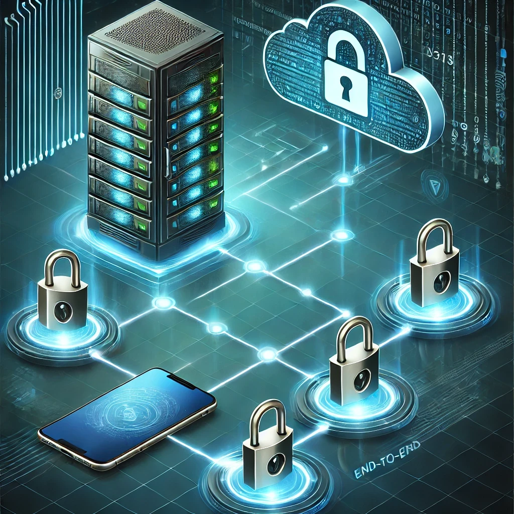 DALLE 2024-11-29 13.47.15 – A modern illustration representing end-to-end encryption in digital communications. The image features a server on one s Ilustração conceitual moderna sobre criptografia de ponta a ponta. A imagem apresenta um servidor de um lado e um dispositivo, como um smartphone, do outro, conectados por uma linha de comunicação segura com cadeados brilhantes e escudos ao longo da conexão. O fundo exibe uma grade digital futurista em tons de azul e verde, destacando segurança, privacidade e proteção nas comunicações digitais.