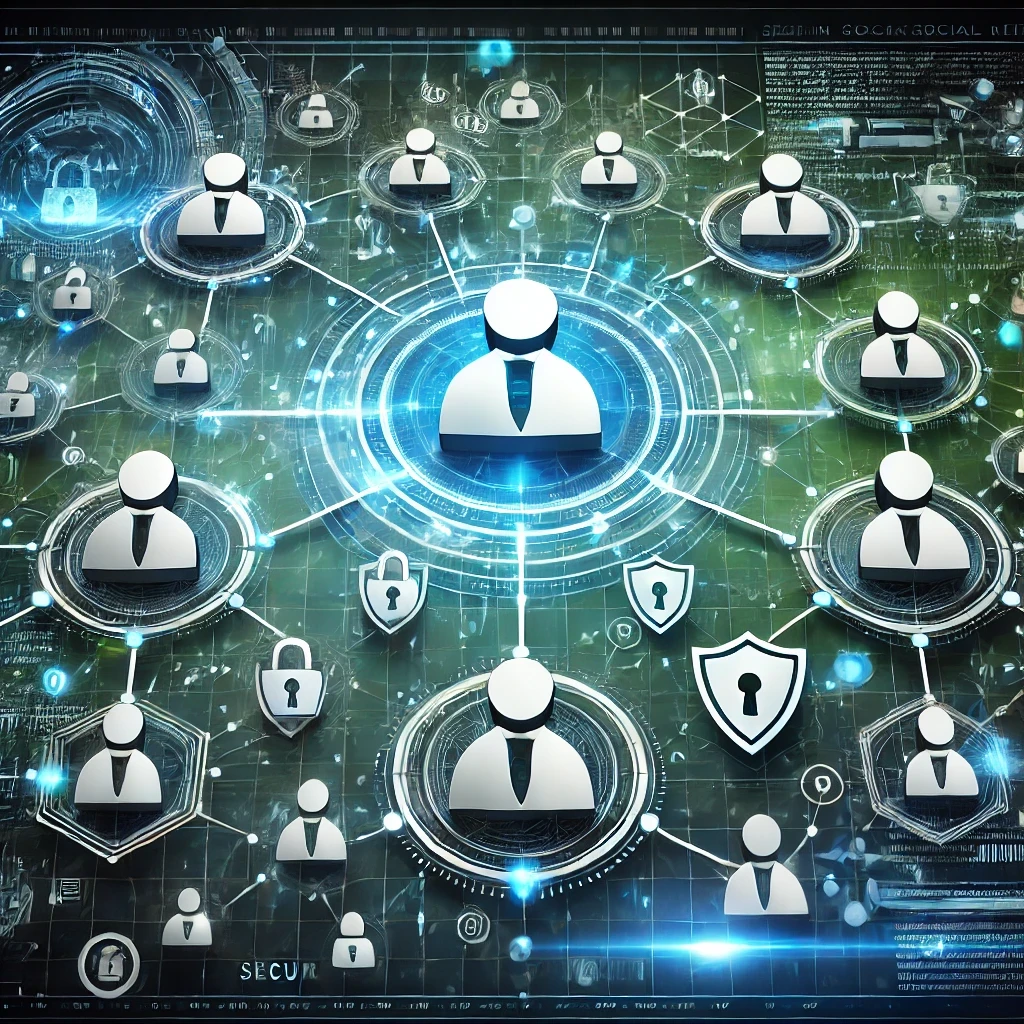 DALLE 2024-12-02 13.37.30 – A conceptual illustration representing ‘Security in Corporate Social Networks Ilustração conceitual representando 'Segurança em Redes Sociais Corporativas'. A imagem mostra ícones de pessoas conectados em uma rede digital segura, interligados por linhas e rodeados por símbolos de proteção, como cadeados e escudos. O fundo é composto por uma grade digital futurista em tons de azul e verde, transmitindo confiança, colaboração e privacidade no ambiente corporativo. O design reforça a ideia de segurança e proteção das comunicações internas nas empresas.