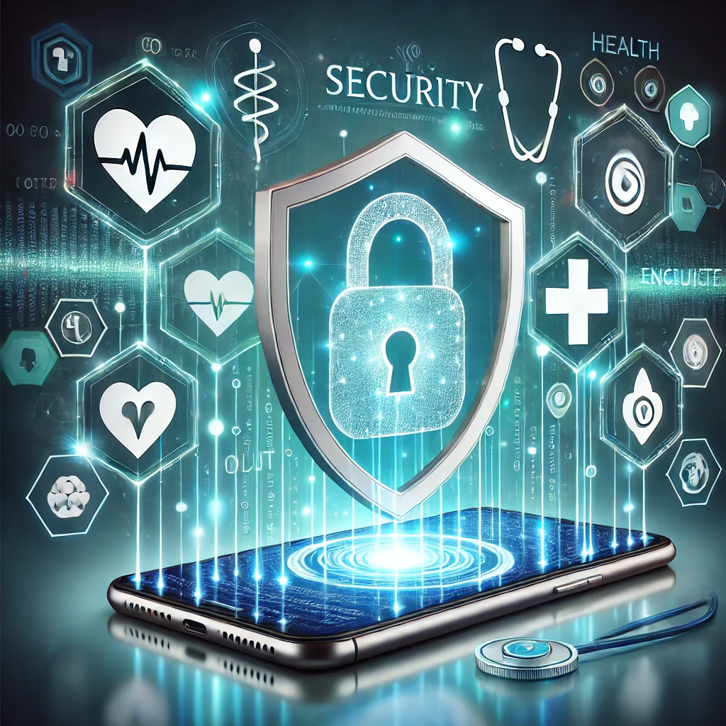 DALLE 2024-12-02 14.40.31 – A modern illustration representing security in health applications Ilustração moderna representando a segurança em aplicativos de saúde. A imagem apresenta um smartphone com ícones de saúde, como um coração e uma cruz, cercado por cadeados digitais e fluxos de dados protegidos. O fundo futurista em tons de azul e verde transmite confiança, inovação e proteção, destacando a segurança no uso de aplicativos para gerenciamento de informações médicas.