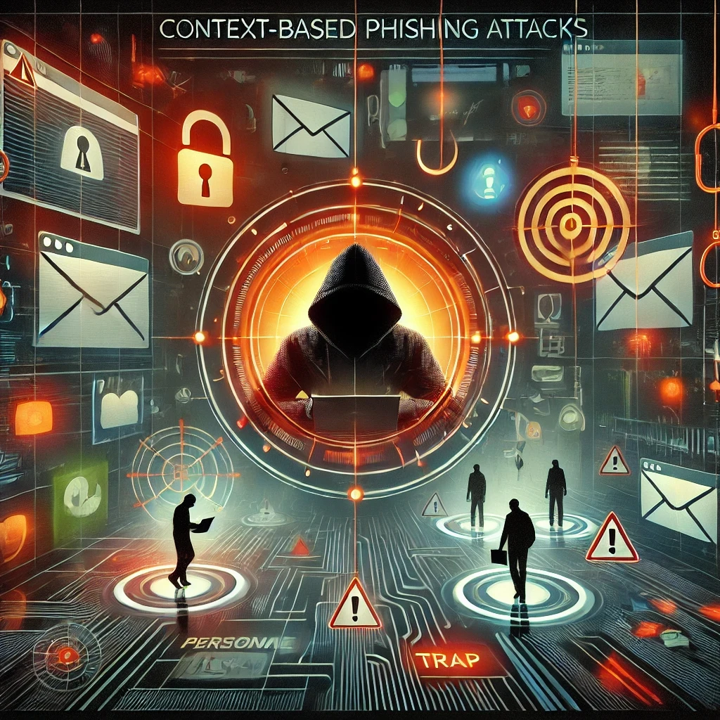 DALLE 2024-12-04 13.30.35 – A modern and dynamic illustration of context-based phishing attacks. The Esta ilustração moderna representa ataques por engenharia de contexto no ambiente cibernético. Um hacker sombrio analisa dados pessoais e contextuais em painéis digitais brilhantes, enquanto elementos visuais como anzóis de phishing e e-mails ilustram as ferramentas de ataque. No fundo, silhuetas estilizadas de pessoas seguem caminhos labirínticos que simbolizam armadilhas personalizadas criadas com base em suas informações. As cores vibrantes, como vermelho, laranja e verde-neon, em contraste com tons de cinza escuro, transmitem a sensação de sofisticação, alerta e perigo associados a esses ataques direcionados.
