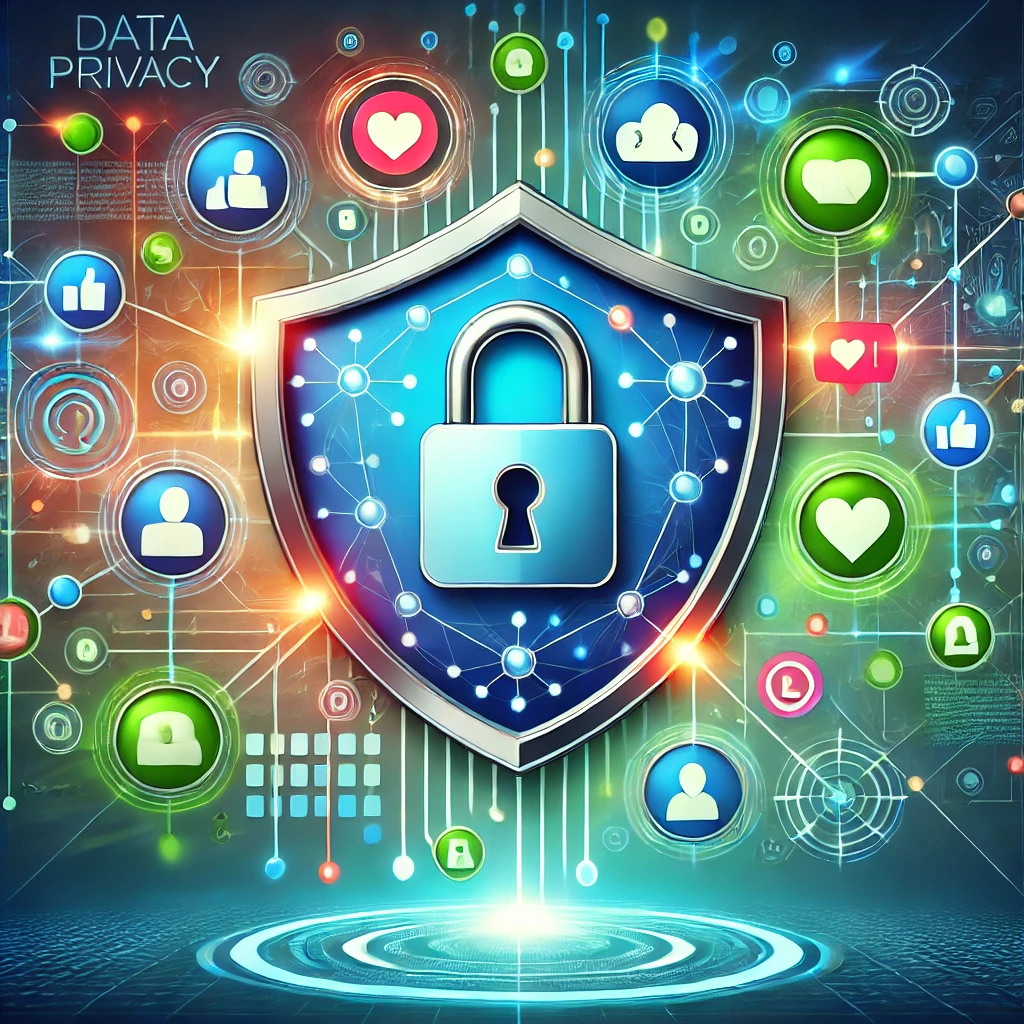 DALLE 2024-12-05 14.20.50 – A modern and vibrant illustration representing data privacy in social media. The image features ic Ilustração moderna e vibrante representando a privacidade de dados em redes sociais. A composição apresenta símbolos icônicos de interfaces de redes sociais, como notificações, botões de curtida, avatares de usuários e balões de chat, integrados a um escudo digital brilhante. No centro, um cadeado destacado simboliza a segurança dos dados. O fundo inclui uma rede abstrata de linhas e nós interconectados, reforçando a ideia de conectividade e proteção. A paleta de cores utiliza tons dinâmicos de azul, verde e cinza claro, equilibrando a sensação de conectividade social e segurança tecnológica.