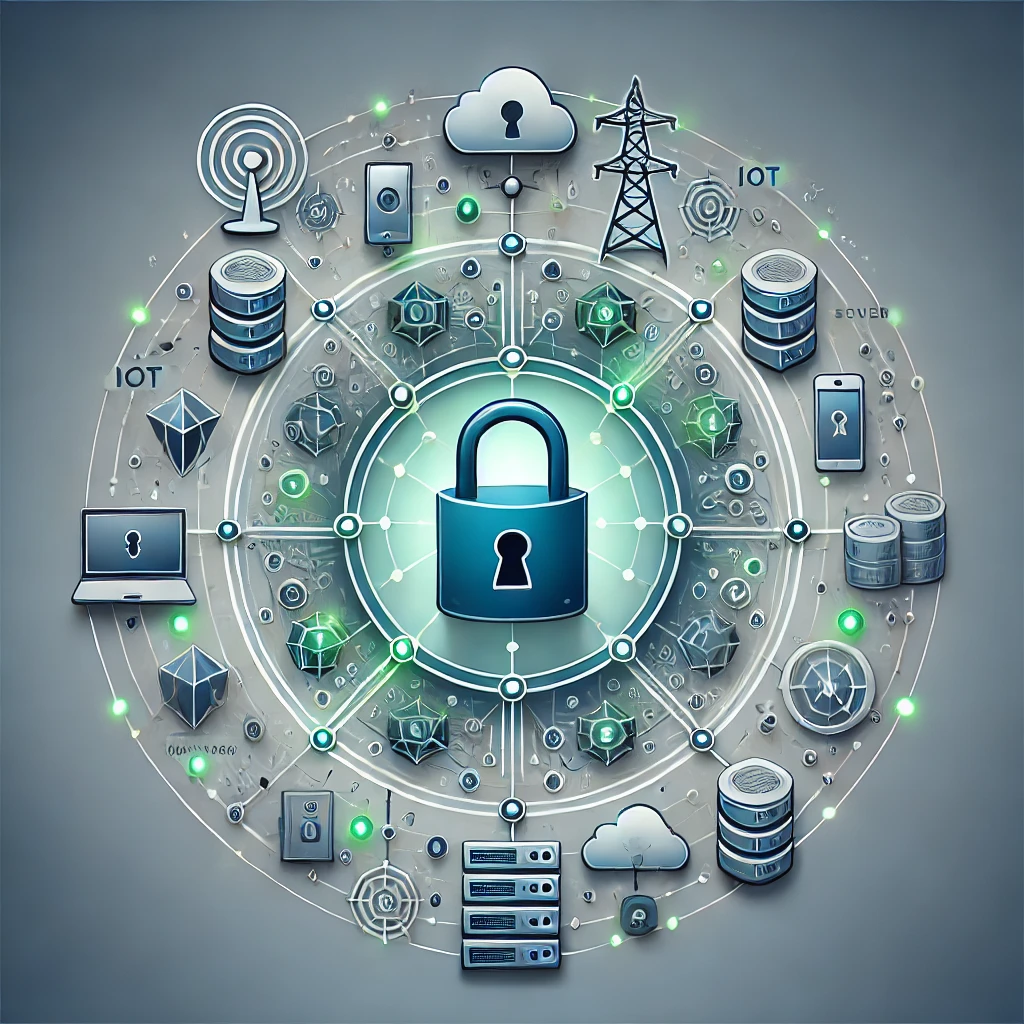 DALLE 2024-12-05 14.28.50 – A modern circular illustration representing security in Edge Computing. The design features a cent Ilustração moderna e circular representando a segurança em Edge Computing. No centro, um cadeado brilhante simboliza a proteção de dados, cercado por dispositivos conectados, como sensores IoT, dispositivos móveis e servidores, formando uma rede circular. Fluxos de dados seguros são representados por linhas luminosas e setas que conectam os dispositivos. O fundo apresenta nós e conexões digitais abstratas, destacando a descentralização e o dinamismo da Edge Computing. A paleta de cores utiliza tons de azul, verde e prata, transmitindo confiança, tecnologia e proteção.