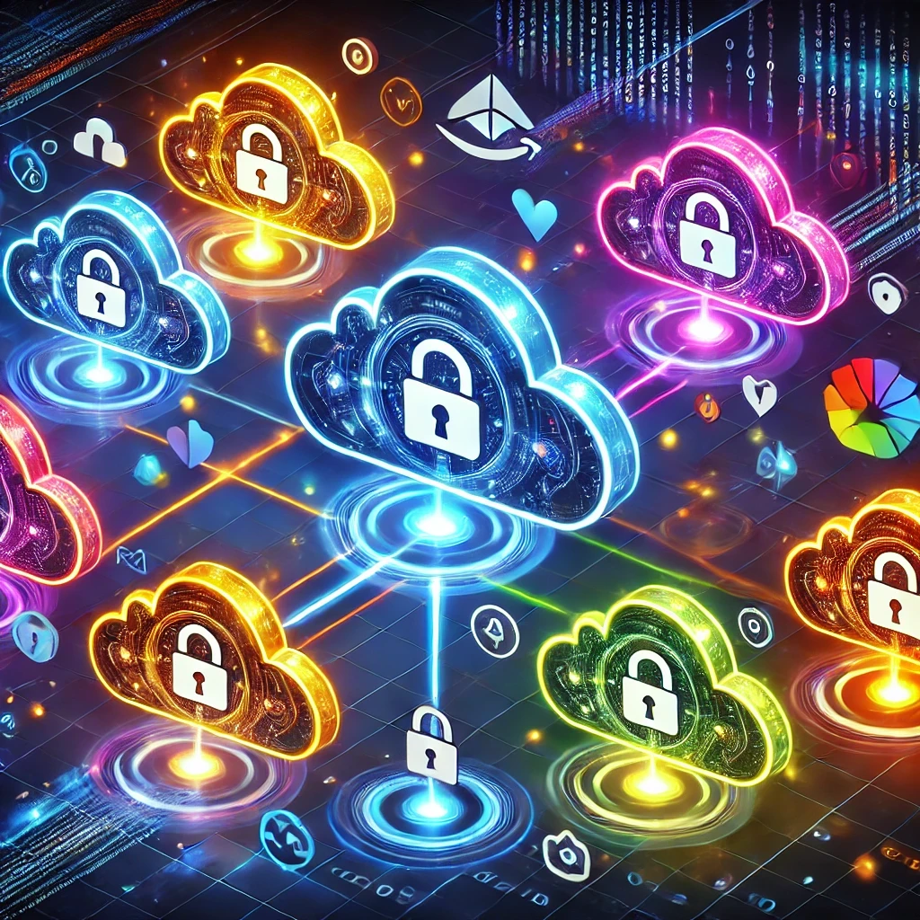 DALLE 2024-12-05 15.09.51 – A modern and dynamic illustration representing security in multicloud environments Ilustração moderna e dinâmica representando segurança em ambientes multicloud. A composição apresenta nuvens coloridas que simbolizam grandes provedores de nuvem: azul para Microsoft Azure, laranja para Amazon AWS e elementos multicoloridos para Google Cloud. As nuvens estão interconectadas por caminhos luminosos e protegidas por cadeados e escudos, representando conexões seguras e robustez na proteção de dados. O fundo inclui uma rede digital futurista com padrões binários, destacando a natureza distribuída e interconectada dos sistemas multicloud. As cores transmitem confiança, segurança e inovação tecnológica.