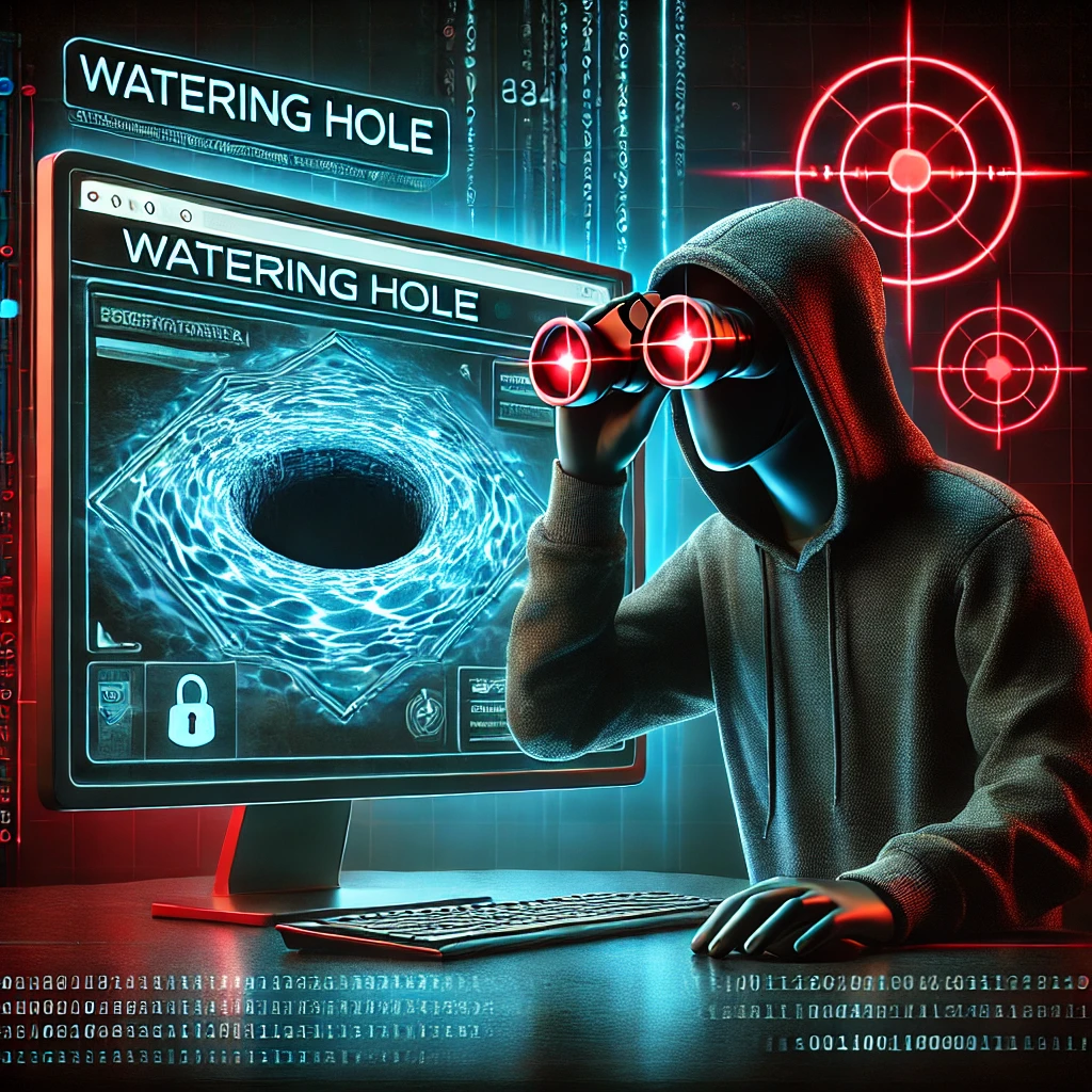 DALLE 2024-12-06 13.26.34 – A dark, high-tech representation of a watering hole cyberattack. In the Ilustração de ataques de watering hole: um indivíduo em um ambiente sombrio e de alta tecnologia, vestindo um capuz escuro, utiliza binóculos para observar uma tela de computador. A tela exibe um site estilizado com um poço d'água no centro, representando a natureza do ataque. Elementos digitais, como códigos binários vermelhos e miras digitais, simbolizam perigo e vigilância. O fundo escuro com luzes azuladas e vermelhas reforça o ambiente ameaçador e tecnológico.