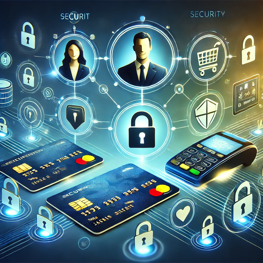 DALLE 2024-12-06 14.26.35 – A modern illustration representing security in electronic payment systems Ilustração moderna representando segurança em pagamentos eletrônicos. A imagem apresenta cartões de crédito em destaque, um terminal de pagamento digital e cadeados simbolizando proteção de dados. Ícones de escudos e cadeados estão conectados por linhas brilhantes, representando transações digitais seguras. No topo, usuários e comerciantes estão estilizados em círculos iluminados, transmitindo confiança e satisfação. A paleta de cores em azul e dourado reforça a confiabilidade e a segurança nas operações financeiras digitais.