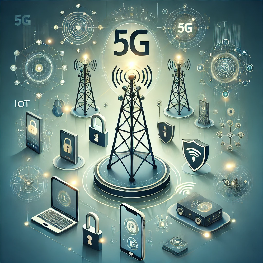 DALLE 2024-12-09 13.30.45 – A modern illustration representing security in the 5G era. The image features a few commun Ilustração moderna representando a segurança na era do 5G. A imagem apresenta torres de comunicação emitindo sinais, cercadas por dispositivos conectados, como smartphones e laptops. Símbolos de proteção, como cadeados e escudos, reforçam a ideia de segurança digital. Linhas brilhantes e gráficos minimalistas representam o fluxo de dados em um mundo hiper conectado. A paleta de cores utiliza tons futuristas de azul e verde, transmitindo inovação e confiança na proteção das informações na era do 5G.