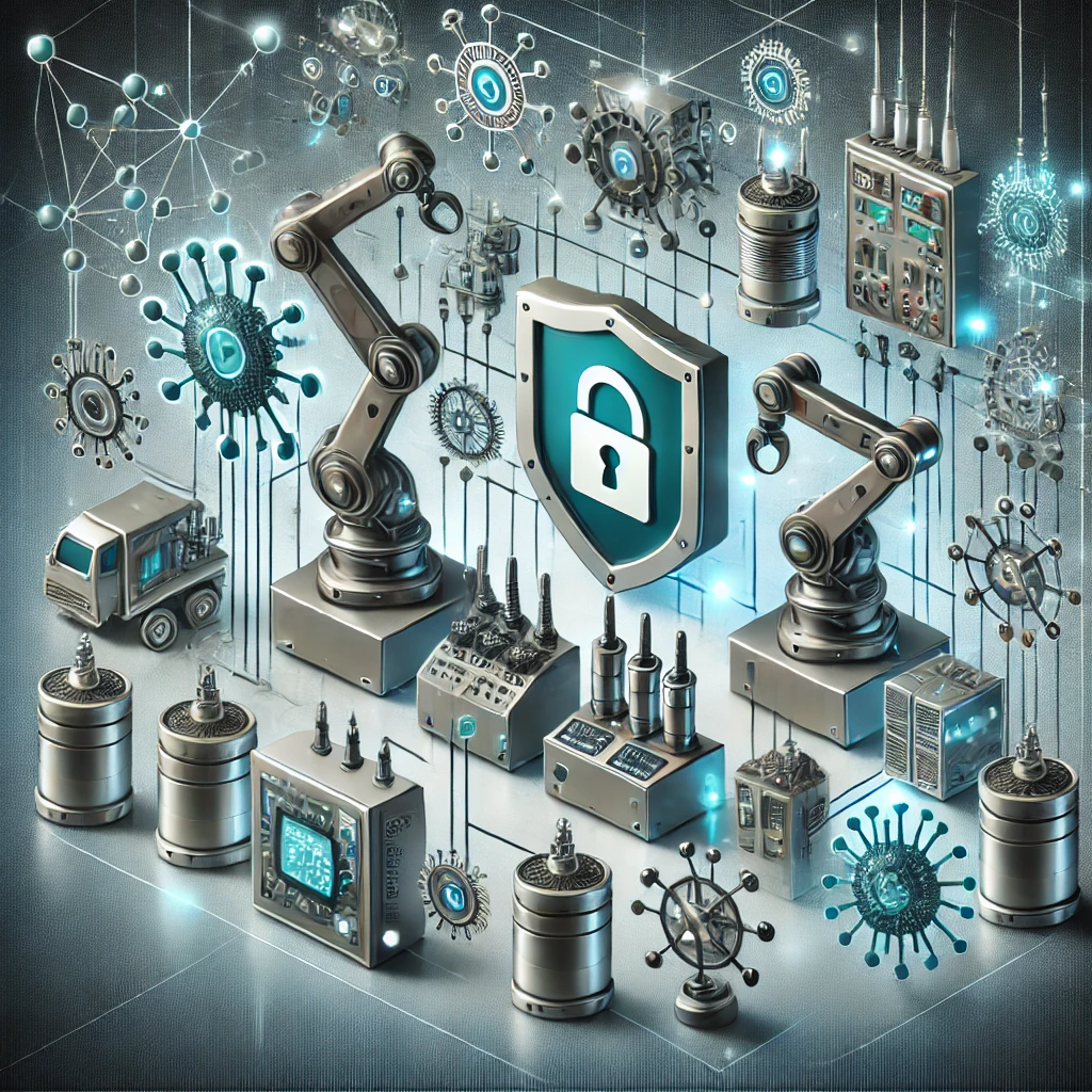 DALLE 2024-12-09 13.45.07 – A modern illustration representing security in SCADA and IoT industrial systems Ilustração moderna representando a segurança em sistemas SCADA e IoT Industrial. A imagem apresenta equipamentos industriais conectados, como braços robóticos, painéis de controle e sensores, interligados por linhas que simbolizam redes de dados. Símbolos de proteção, como cadeados e escudos, destacam a segurança dos processos. O design utiliza tons metálicos, azul e verde para transmitir confiança, confiabilidade e inovação, ressaltando a importância de proteger infraestruturas industriais críticas em um ambiente conectado.