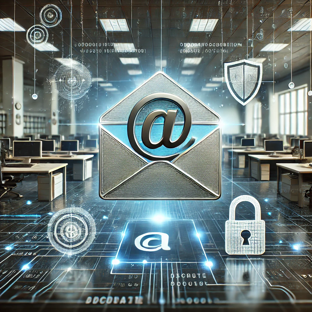 DALLE 2024-12-09 14.05.37 – A highly realistic and professional illustration representing corporate email security Ilustração altamente realista representando a segurança de e-mail corporativo. A imagem apresenta um envelope detalhado com o símbolo '@', cercado por elementos de proteção cibernética como cadeados 3D, escudos e linhas de rede criptografadas. O fundo combina um ambiente de escritório moderno com painéis de dados holográficos brilhantes e padrões de código binário, destacando a segurança e a inovação. As cores metálicas em tons de azul e prata transmitem confiança e robustez na proteção das comunicações corporativas.