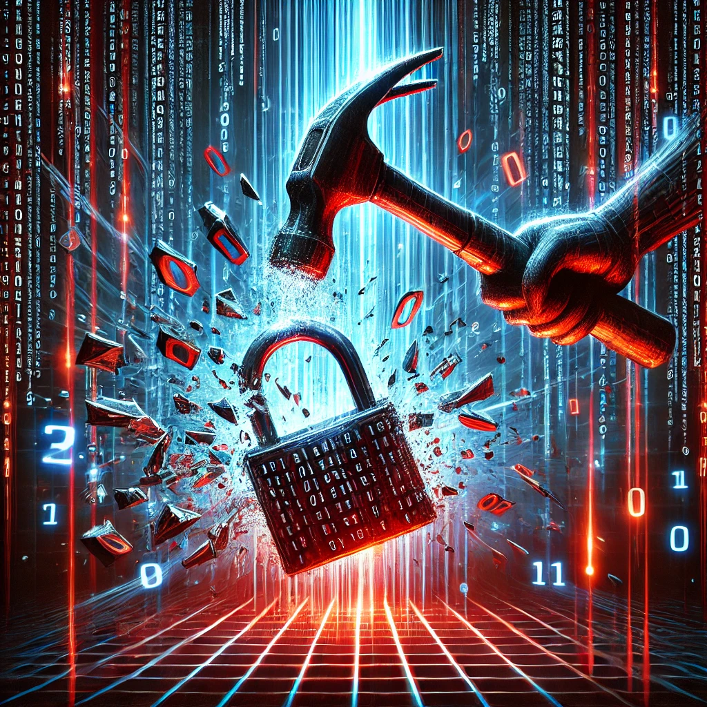 DALLE 2024-12-10 16.39.03 – A dramatic illustration of a brute force attack in cybersecurity, showing a padlock being shattered Uma ilustração dramática de ataques de força bruta em cibersegurança, mostrando um cadeado digital sendo estilhaçado por um martelo feito de código binário (1s e 0s). Fragmentos do cadeado voam em várias direções, simbolizando a quebra de segurança. O fundo é composto por um grid digital com luzes vermelhas e azuis brilhantes, criando um ambiente futurista e tenso.