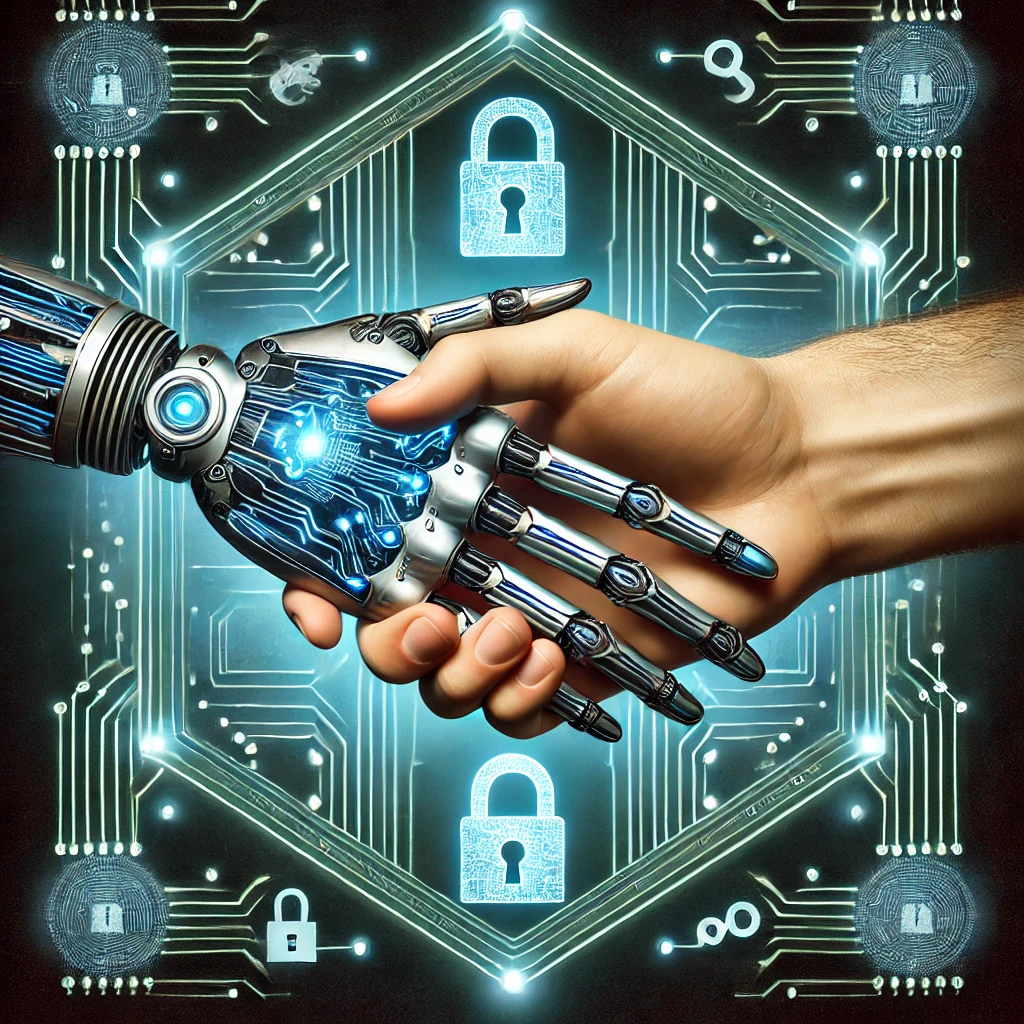 DALLE 2024-12-11 13.34.10 – A futuristic and symbolic illustration of ‘Automation i Uma ilustração futurista e simbólica de 'Automação em Cibersegurança', mostrando uma mão robótica metálica com circuitos brilhantes e uma mão humana realista apertando-se firmemente em sinal de colaboração. Ao redor das mãos, há um holograma de um escudo com ícones de cibersegurança, como cadeados e padrões de circuito, representando proteção e integração. O fundo apresenta um ambiente tecnológico escuro com luzes neon em tons de azul e verde, destacando a fusão entre tecnologia e humanidade.