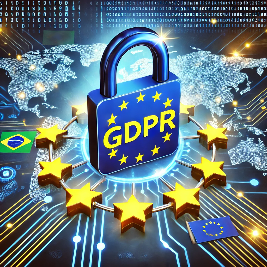 DALLE 2024-12-11 14.03.34 – A professional illustration representing ‘Impact of GDPR on Brazilian Companies,’ featuring th Uma ilustração profissional representando o 'Impacto do GDPR nas Empresas Brasileiras', com um cadeado azul no centro decorado com estrelas amarelas em referência à União Europeia e a palavra 'GDPR' em destaque. Ao redor do cadeado, há estrelas conectadas por linhas digitais, simbolizando a união e a proteção de dados. No lado esquerdo, uma bandeira do Brasil, e no lado direito, uma bandeira da União Europeia, com um fundo tecnológico composto por circuitos e código binário.